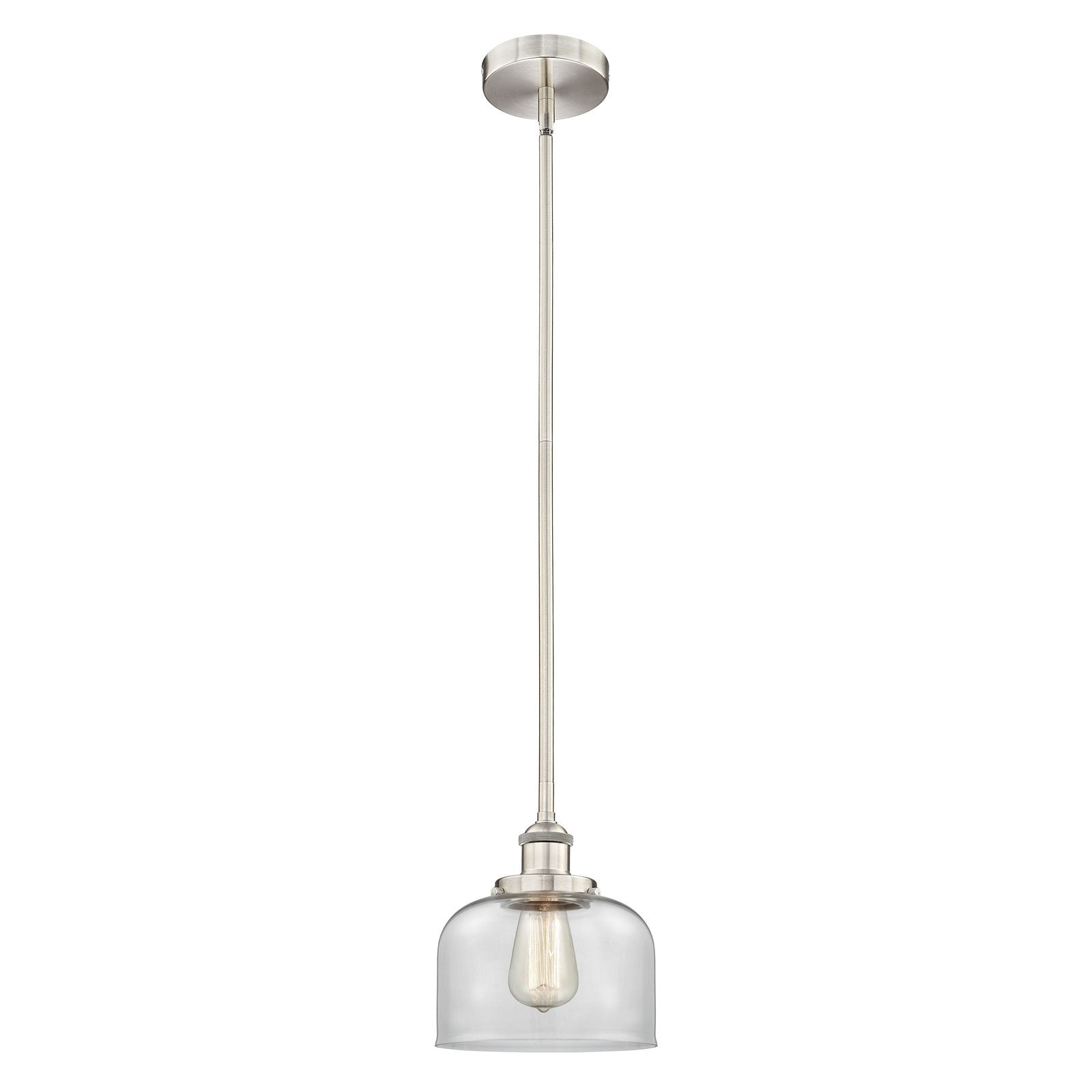 Innovations Bell 8in 1-Light Mini Pendant | Industrial Farmhouse Brushed Satin Nickel and Clear Glass | Kitchen Island & Dining | Model 616-1SH-SN-G72