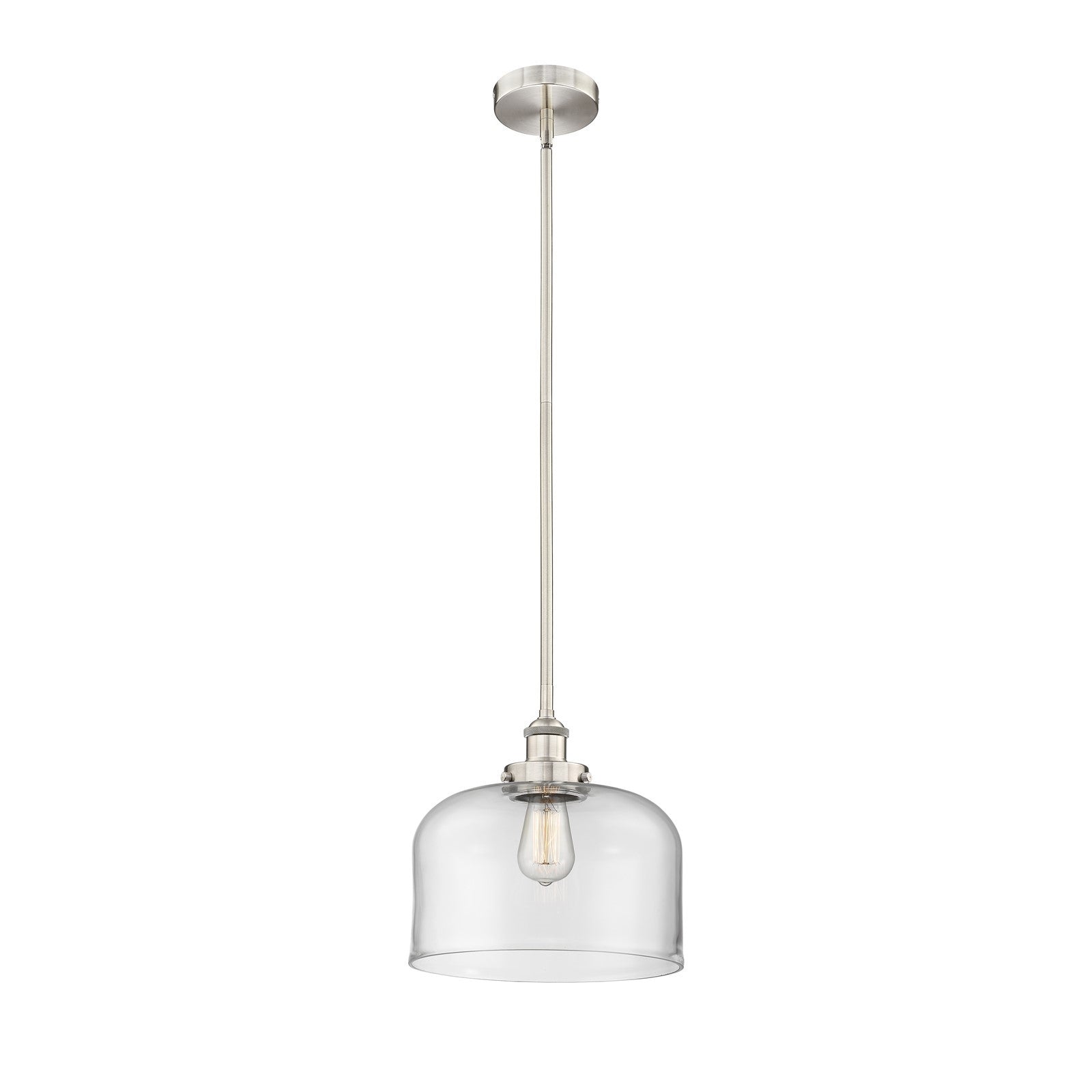 Innovations Bell 12in 1-Light Mini Pendant | Industrial Brushed Satin Nickel Steel and Clear Glass | Kitchen Island & Dining | Model 616-1SH-SN-G72-L-LED