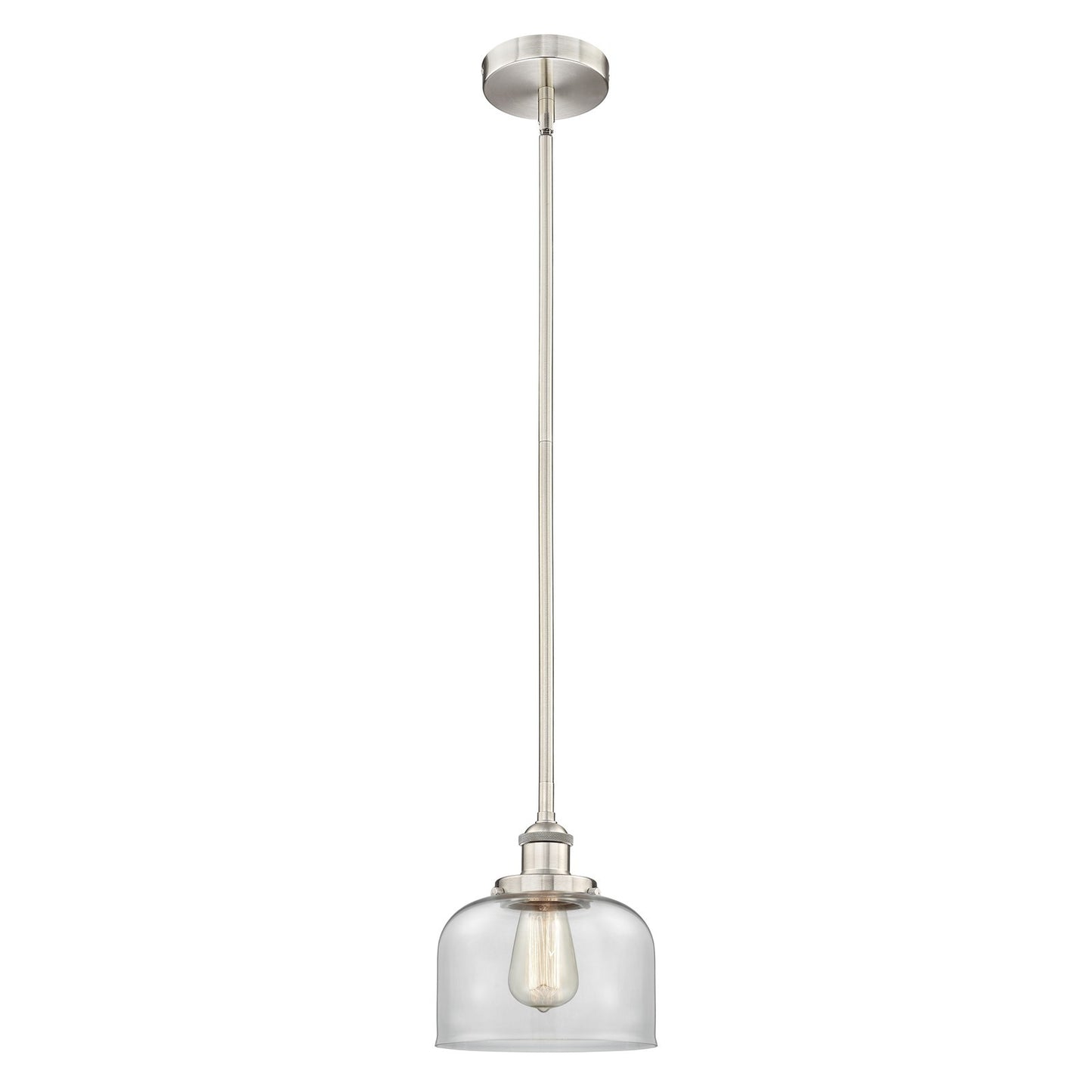 Innovations Bell 8in 1-Light Mini Pendant | Industrial Farmhouse Brushed Satin Nickel and Clear Glass | Kitchen Island & Dining | Model 616-1SH-SN-G72-LED