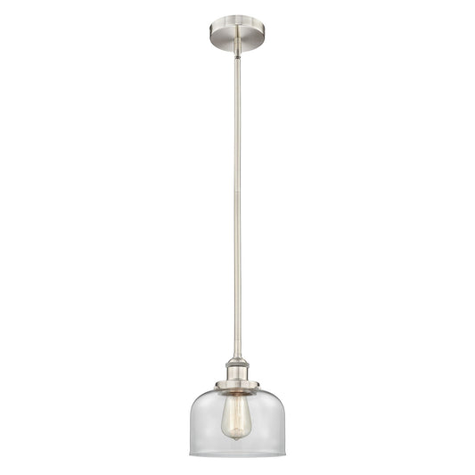 Innovations Bell 8in 1-Light Mini Pendant | Industrial Farmhouse Brushed Satin Nickel and Clear Glass | Kitchen Island & Dining | Model 616-1SH-SN-G72-LED
