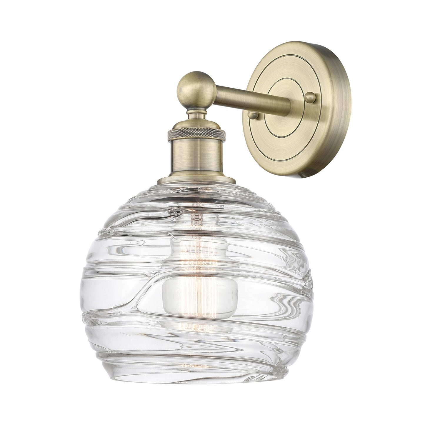Innovations Athens Deco Swirl 8in 1-Light Wall Sconce | Industrial Antique Brass Steel and Clear Deco Swirl Glass | Bathroom & | Model 616-1W-AB-G1213-8CL