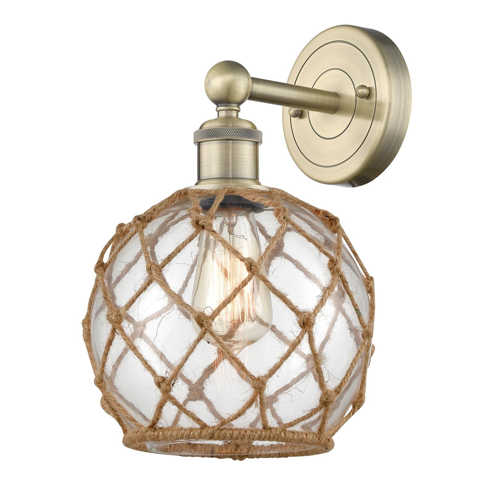 Innovations Farmhouse Rope 8in 1-Light Wall Sconce | Industrial Antique Brass Steel and Clear Glass with Brown Rope | Bathroom | Model 616-1W-AB-G122-8RB