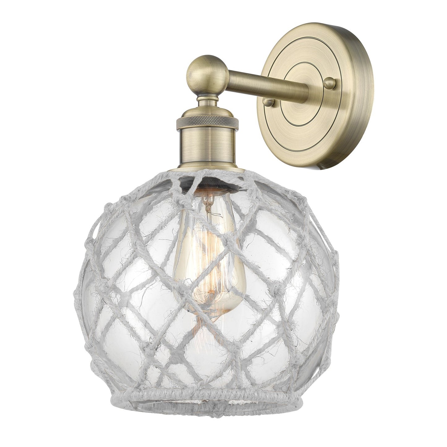 Innovations Farmhouse Rope 8in 1-Light Wall Sconce | Industrial Antique Brass Steel and Clear Glass with White Rope | Bathroom | Model 616-1W-AB-G122-8RW