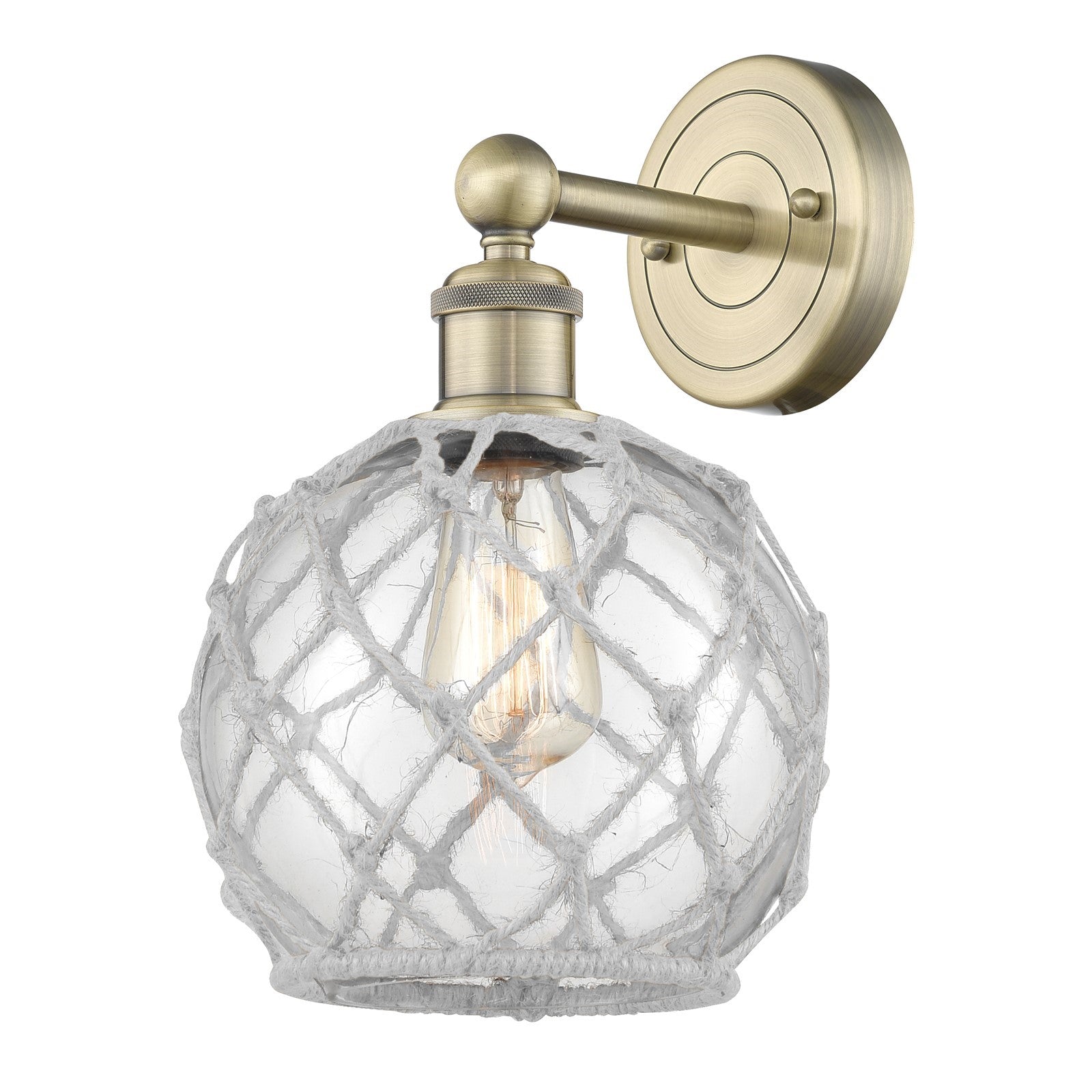 Innovations Farmhouse Rope 8in 1-Light Wall Sconce | Industrial Antique Brass Steel and Clear Glass with White Rope | Bathroom | Model 616-1W-AB-G122-8RW