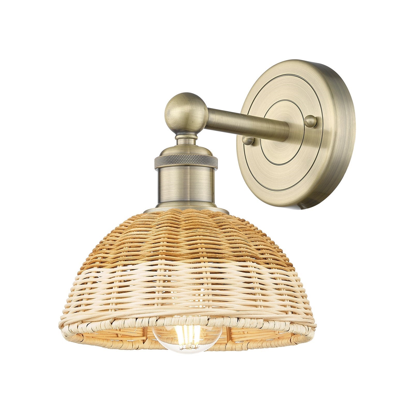 Innovations Lighting Bristol Natural II 7.5in 1-Light Wall Sconce | Industrial Antique Brass Steel and Natural Fiber Dome | Model 616-1W-AB-NBD2-75-NAT