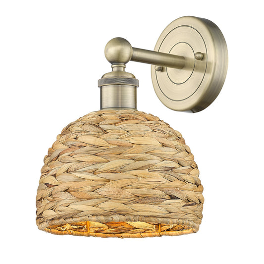 Innovations Woven Rattan 8in 1-Light Wall Sconce | Industrial Antique Brass and Natural Fiber Dome Shade | Bathroom & Hallway | Model 616-1W-AB-RBD-8-NAT