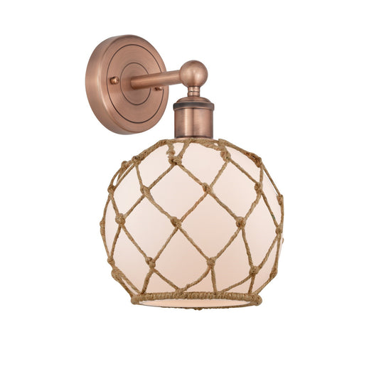 Innovations Farmhouse Rope 8in 1-Light Wall Sconce | Industrial Antique Copper Steel and White Frosted Glass with Brown Rope | Model 616-1W-AC-G121-8RB