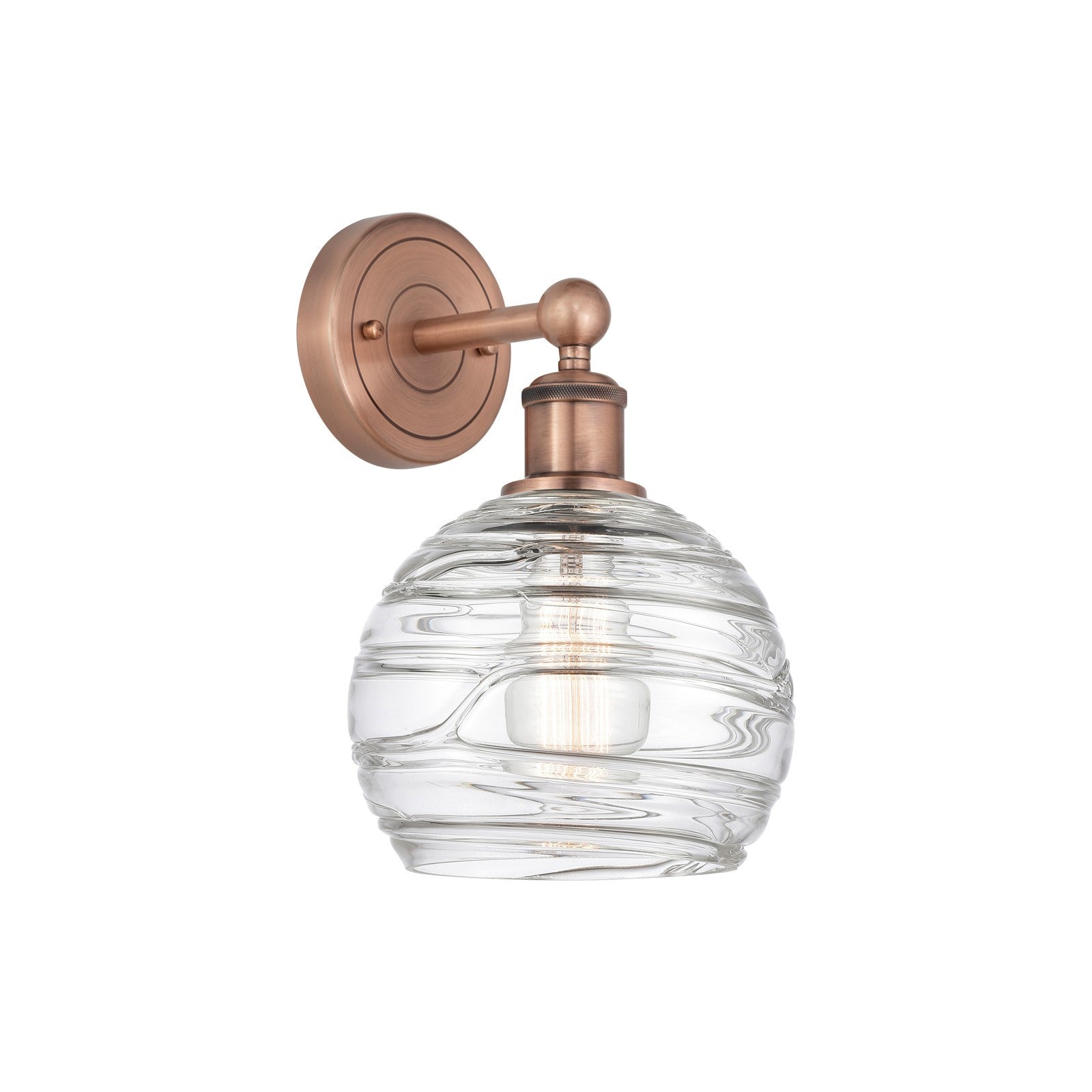 Innovations Athens Deco Swirl 8in 1-Light Wall Sconce | Industrial Antique Copper Steel and Clear Deco Swirl Glass | Bathroom | Model 616-1W-AC-G1213-8CL