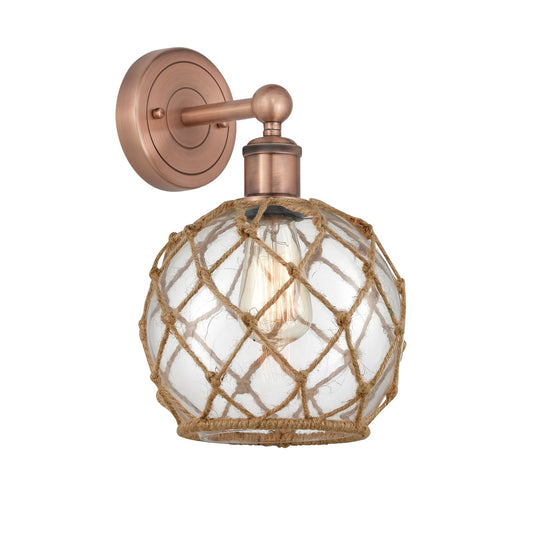 Innovations Farmhouse Rope 8in 1-Light Wall Sconce | Industrial Antique Copper Steel and Clear Glass with Brown Rope | Damp | Model 616-1W-AC-G122-8RB