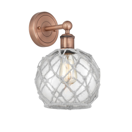 Innovations Farmhouse Rope 8in 1-Light Wall Sconce | Industrial Antique Copper Steel and Clear Glass with White Rope | Bathroom | Model 616-1W-AC-G122-8RW