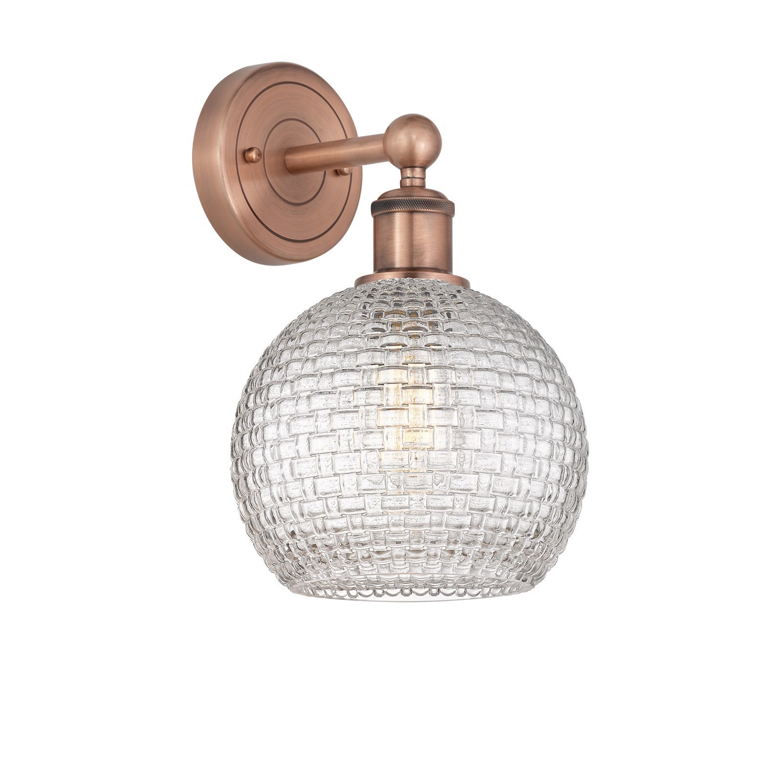 Innovations Athens 8in 1-Light Wall Sconce | Modern Farmhouse Antique Copper Steel and Clear Basket Weave Glass | Damp-Rated | Model 616-1W-AC-G122C-8CL