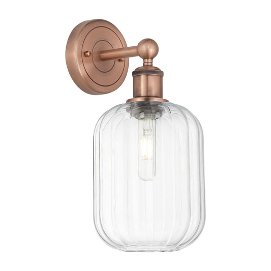 Innovations Preston Cylinder 1-Light 6.75in Wall Sconce | Industrial Antique Copper Steel and Clear Glass | Damp-Rated Hallway | Model 616-1W-AC-G460-7CL