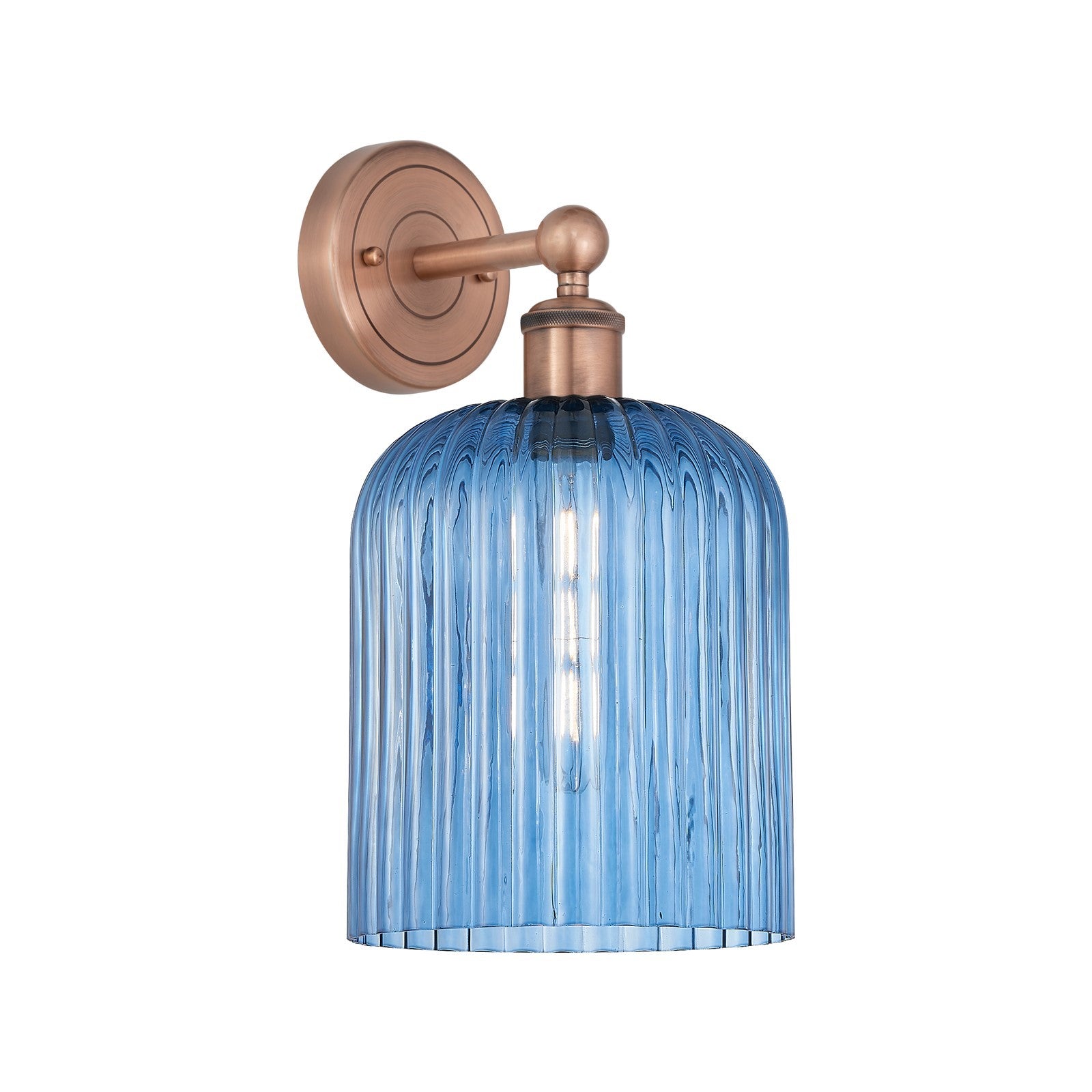 Innovations Bridal Veil 1-Light 5in Wall Sconce | Art Nouveau Antique Copper Steel and Princess Blue Ribbed Glass | Bathroom & | Model 616-1W-AC-G559-8BL