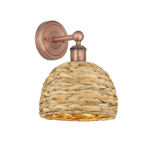 Innovations Woven Rattan 8in 1-Light Wall Sconce | Industrial Antique Copper Steel and Natural Fiber Dome Shade | Living Room | Model 616-1W-AC-RBD-8-NAT