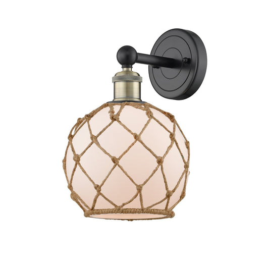 Innovations Farmhouse Rope 8in 1-Light Wall Sconce | Industrial Black Antique Brass and White Frosted Glass with Brown Rope | Model 616-1W-BAB-G121-8RB