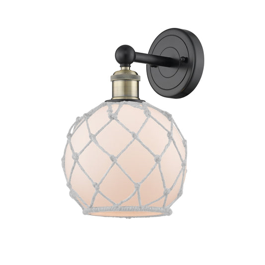 Innovations Farmhouse Rope 8in 1-Light Wall Sconce | Industrial Black Antique Brass Steel and White Frosted Glass with Rope | Model 616-1W-BAB-G121-8RW