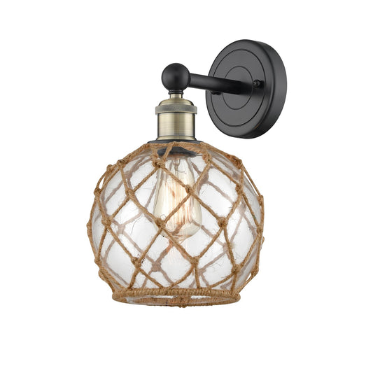 Innovations Farmhouse Rope 8in 1-Light Wall Sconce | Industrial Black Antique Brass and Clear Glass Brown Rope | Living Room & | Model 616-1W-BAB-G122-8RB