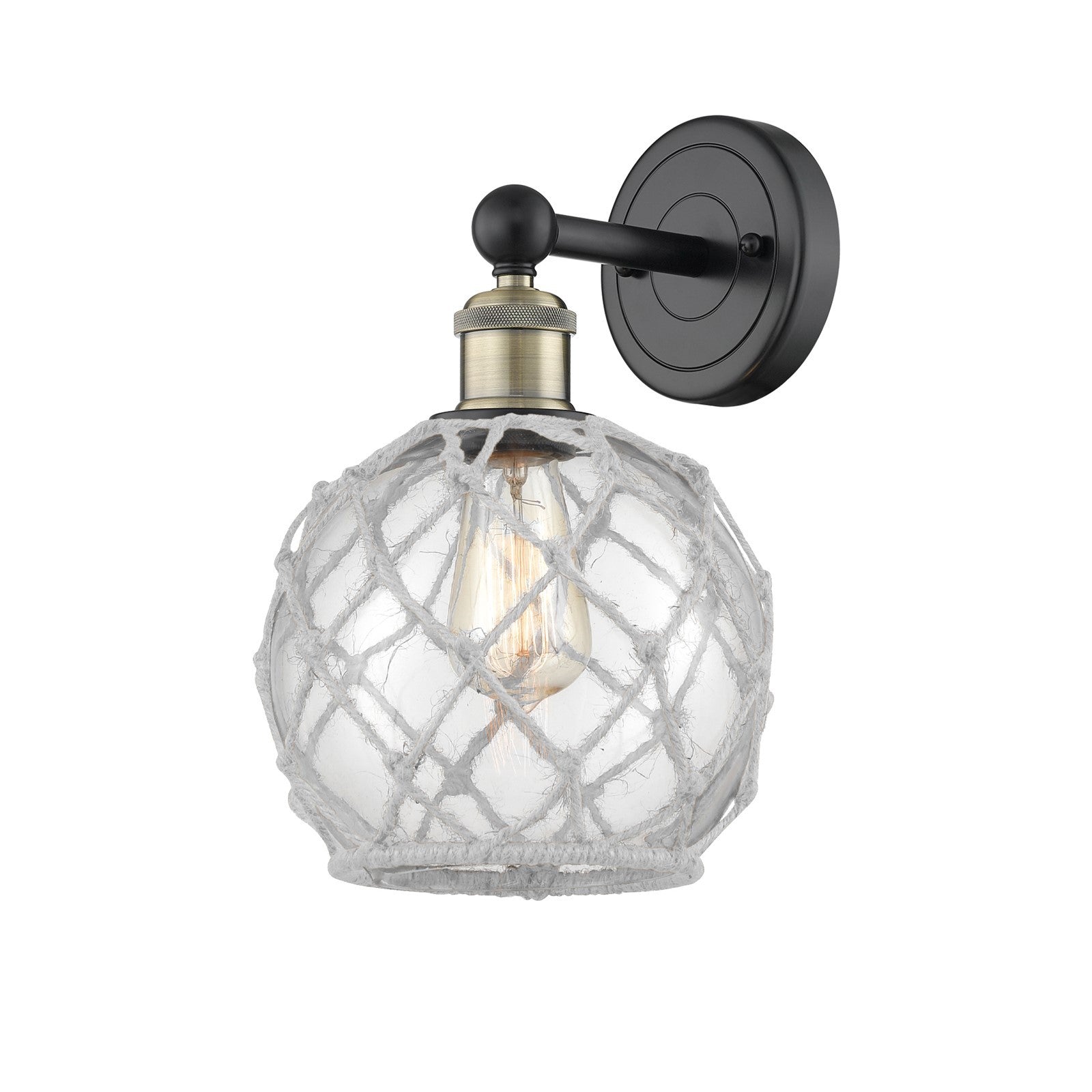 Innovations Farmhouse Rope 8in 1-Light Wall Sconce | Industrial Black Antique Brass Steel and Clear Glass with White Rope | Model 616-1W-BAB-G122-8RW