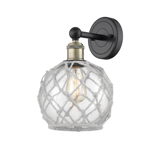 Innovations Farmhouse Rope 8in 1-Light Wall Sconce | Industrial Black Antique Brass Steel and Clear Glass with White Rope | Model 616-1W-BAB-G122-8RW