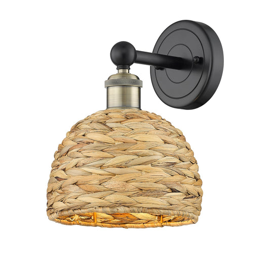 Innovations Woven Rattan 8in 1-Light Wall Sconce | Industrial Black Antique Brass and Natural Fiber | Damp Rated Bedroom & | Model 616-1W-BAB-RBD-8-NAT