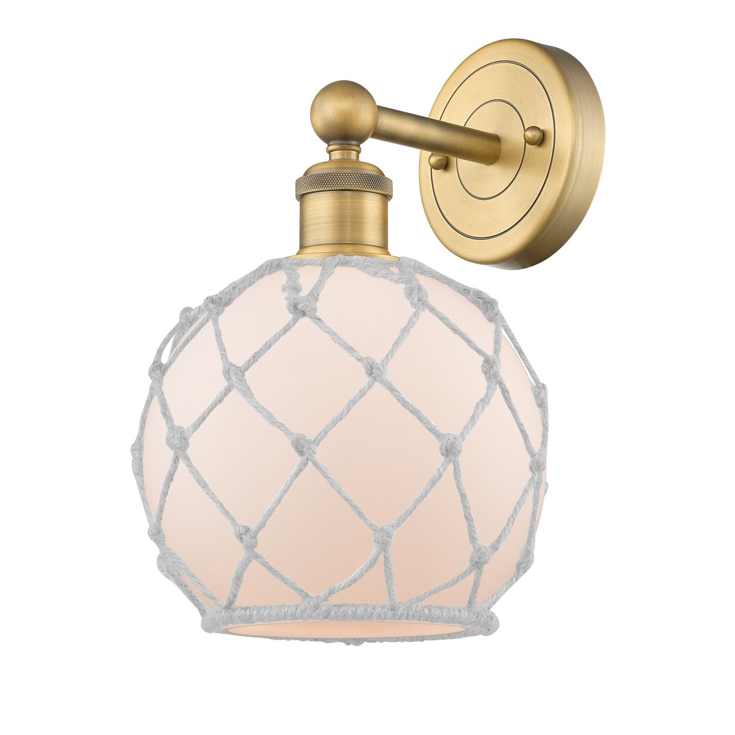 Innovations Farmhouse Rope 8in 1-Light Wall Sconce | Industrial Brushed Brass Steel and White Frosted Glass with Rope | Model 616-1W-BB-G121-8RW