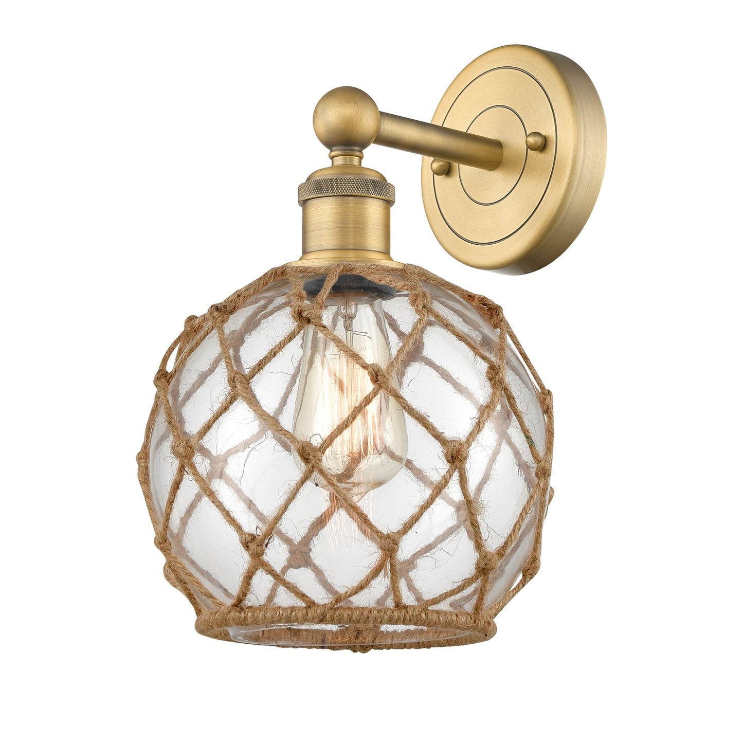 Innovations Farmhouse Rope 8in 1-Light Wall Sconce | Industrial Brushed Brass and Clear Glass with Brown Rope | Bathroom & | Model 616-1W-BB-G122-8RB