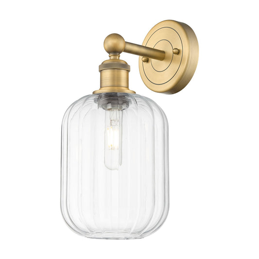 Innovations Preston Cylinder 7in 1-Light Wall Sconce | Industrial Brushed Brass and Clear Glass | Bathroom & Hallway Accent | Model 616-1W-BB-G460-7CL