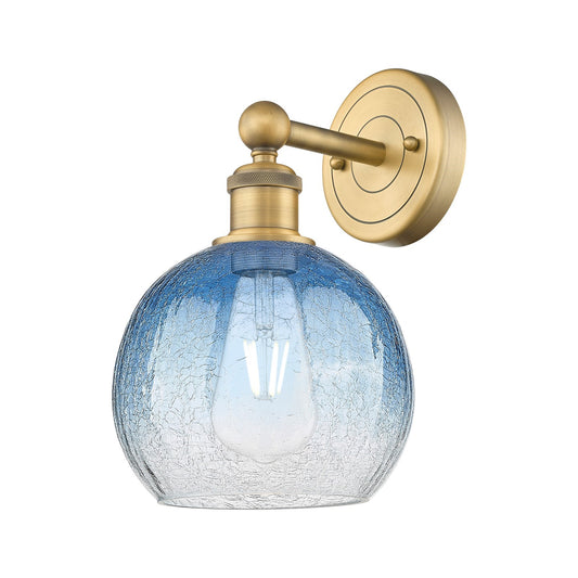 Innovations Brookhaven Globe 8in 1-Light Wall Sconce | Industrial Brushed Brass Steel and Sapphire Blue Glass | Bathroom & | Model 616-1W-BB-G483-8SB