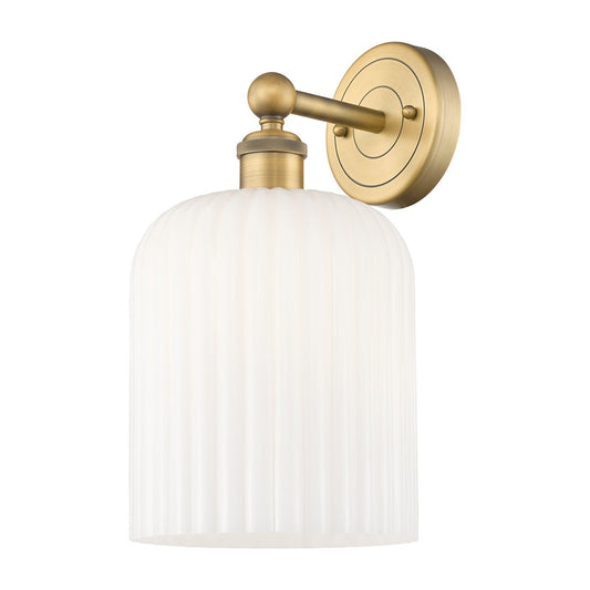 Innovations Bridal Veil 5in 1-Light Wall Sconce | Art Nouveau Brushed Brass and Gloss White Ribbed Glass | Bathroom & Hallway | Model 616-1W-BB-G559-8GWH