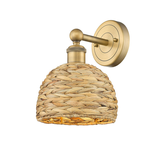 Innovations Woven Rattan 8in 1-Light Wall Sconce | Industrial Brushed Brass and Natural Fiber Dome Shade | Bedroom & Hallway | Model 616-1W-BB-RBD-8-NAT