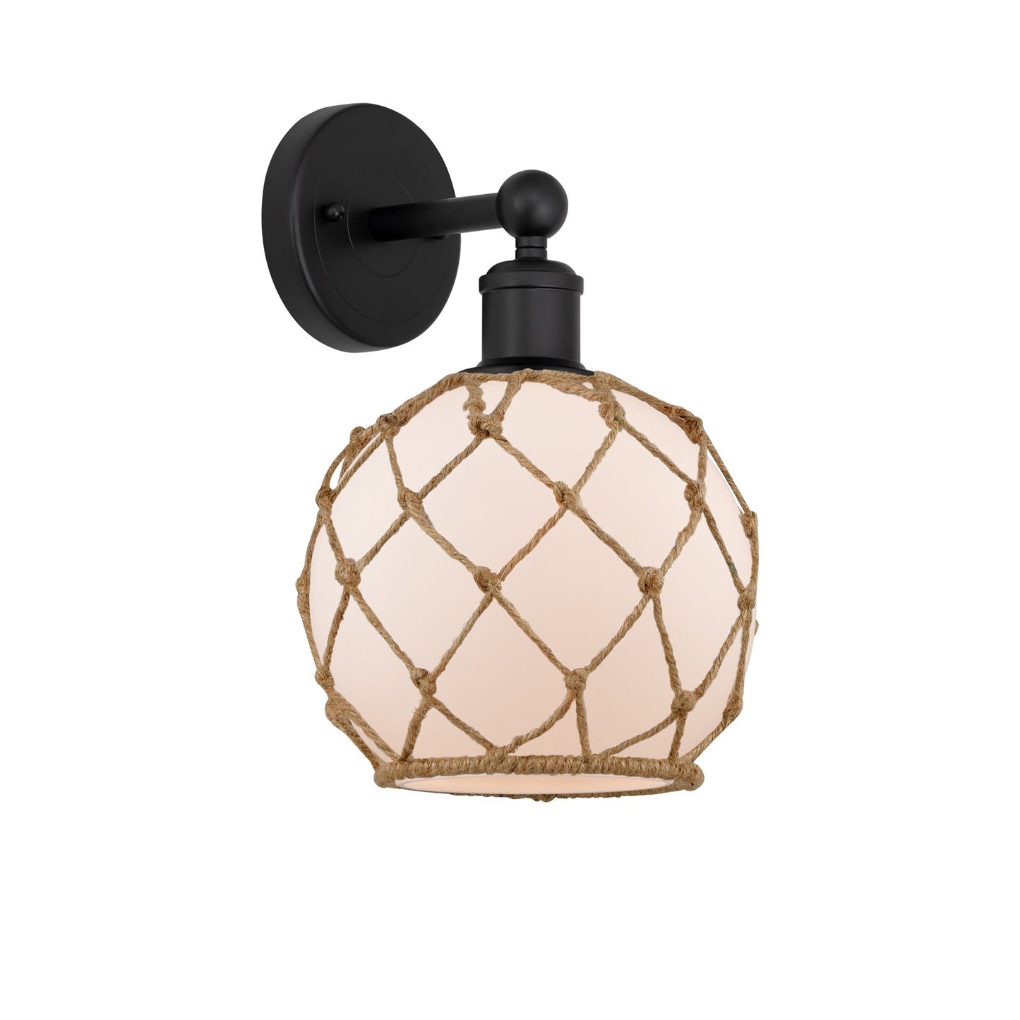 Innovations Farmhouse Rope 8in 1-Light Wall Sconce | Industrial Matte Black Steel and White Frosted Glass with Brown Rope | Model 616-1W-BK-G121-8RB