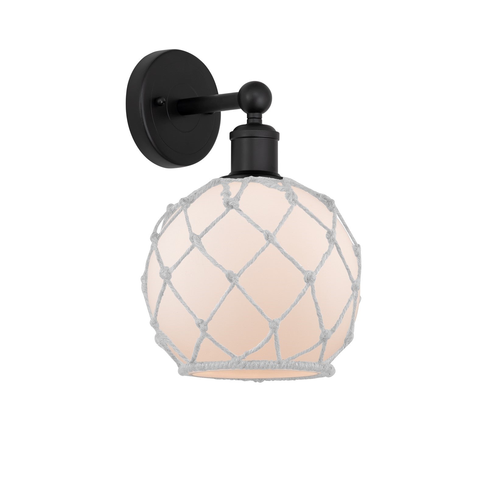 Innovations Farmhouse Rope 1-Light 8in Wall Sconce | Industrial Matte Black Steel and White Frosted Glass with Rope | Bathroom | Model 616-1W-BK-G121-8RW