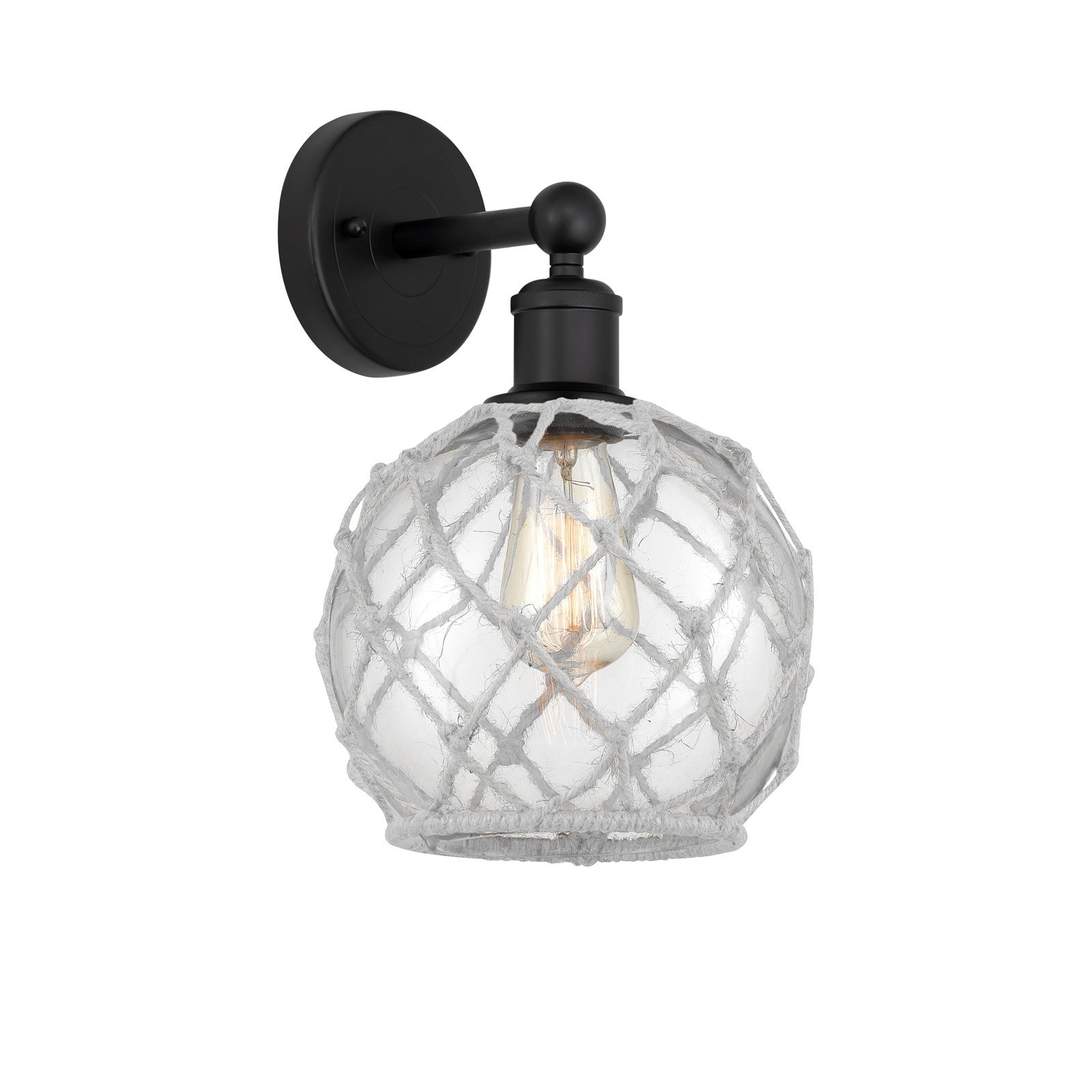 Innovations Farmhouse Rope 8in 1-Light Wall Sconce | Industrial Matte Black Steel and Clear Glass with White Rope Shade | Model 616-1W-BK-G122-8RW