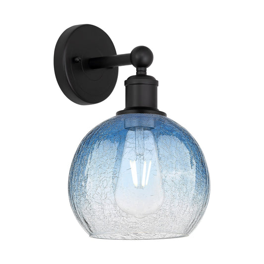 Innovations Brookhaven Globe 8in 1-Light Wall Sconce | Industrial Matte Black Steel and Sapphire Blue Glass | Damp-Rated Living | Model 616-1W-BK-G483-8SB
