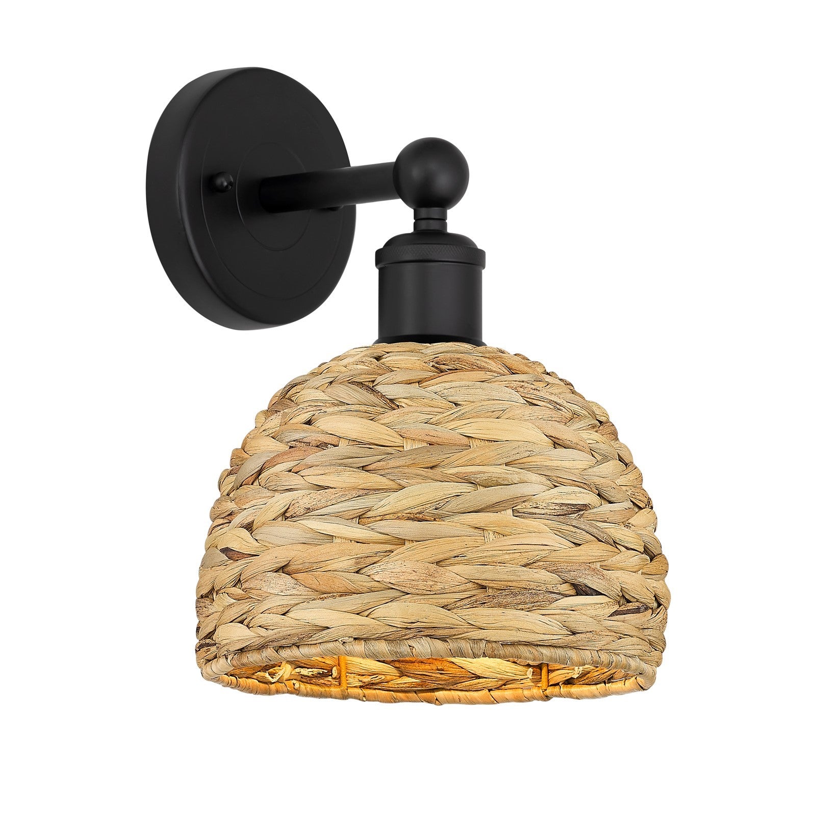 Innovations Woven Rattan 8in 1-Light Wall Sconce | Industrial Matte Black Steel and Natural Fiber Shade | Living Room & | Model 616-1W-BK-RBD-8-NAT