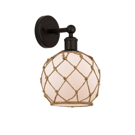 Innovations Farmhouse Rope 8in 1-Light Wall Sconce | Industrial Oil Rubbed Bronze Steel and White Frosted Glass with Brown Rope | Model 616-1W-OB-G121-8RB