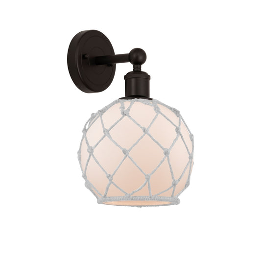Innovations Farmhouse Rope 8in 1-Light Wall Sconce | Industrial Oil Rubbed Bronze Steel and White Frosted Glass with Rope Shade | Model 616-1W-OB-G121-8RW