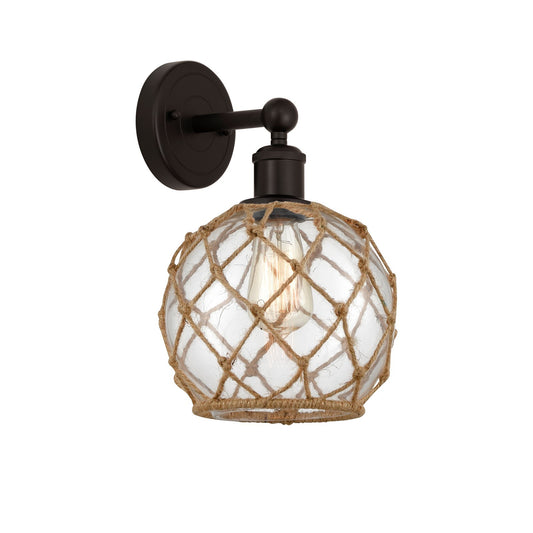 Innovations Farmhouse Rope 8in 1-Light Wall Sconce | Industrial Oil Rubbed Bronze Steel and Clear Glass with Brown Rope | Model 616-1W-OB-G122-8RB