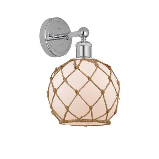 Innovations Farmhouse Rope 8in 1-Light Wall Sconce | Industrial Polished Chrome Steel and White Frosted Glass with Brown Rope | Model 616-1W-PC-G121-8RB