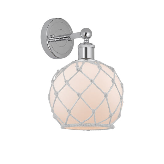 Innovations Farmhouse Rope 8in 1-Light Wall Sconce | Industrial Polished Chrome Steel and White Frosted Glass with Rope Shade | Model 616-1W-PC-G121-8RW