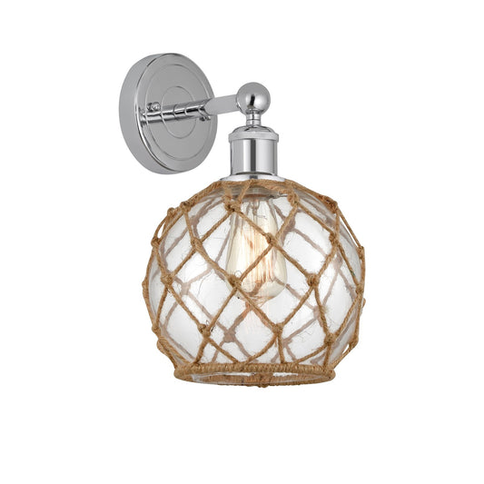 Innovations Farmhouse Rope 8in 1-Light Wall Sconce | Industrial Polished Chrome and Clear Glass with Brown Rope | Bathroom & | Model 616-1W-PC-G122-8RB