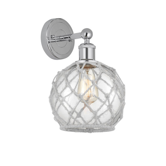 Innovations Farmhouse Rope 8in 1-Light Wall Sconce | Industrial Polished Chrome Steel and Clear Glass with White Rope | Model 616-1W-PC-G122-8RW