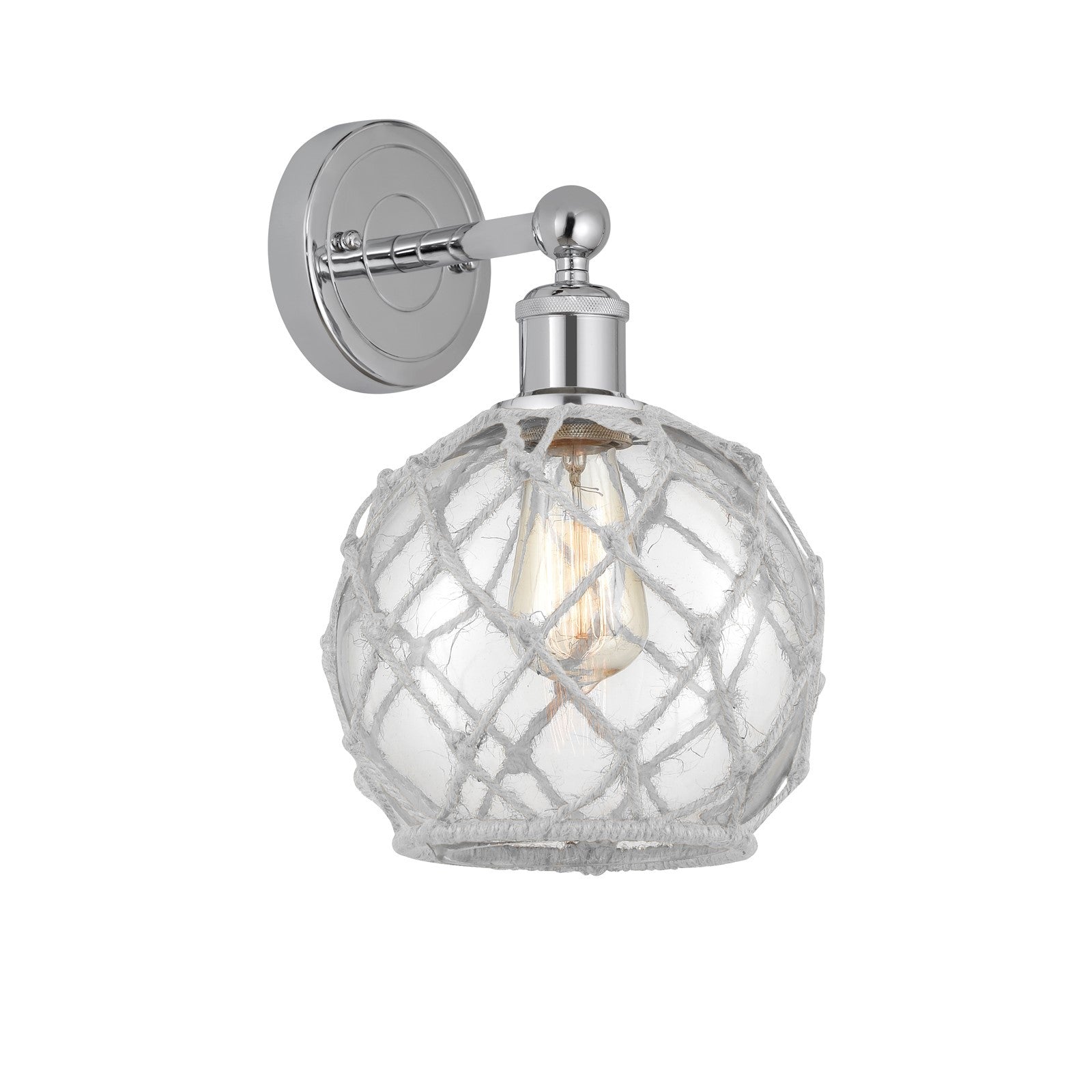 Innovations Farmhouse Rope 8in 1-Light Wall Sconce | Industrial Polished Chrome Steel and Clear Glass with White Rope | Model 616-1W-PC-G122-8RW