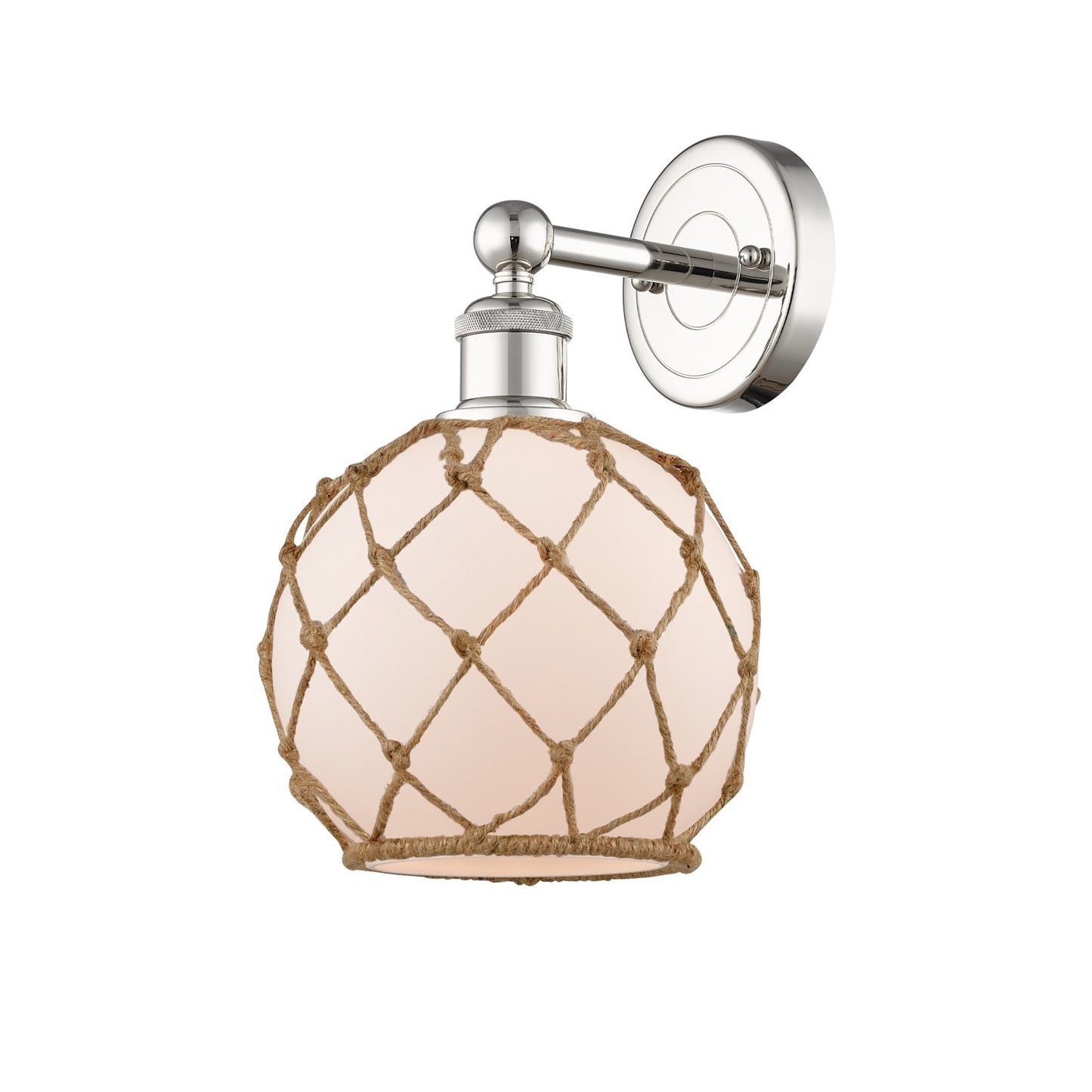 Innovations Farmhouse Rope 8in 1-Light Wall Sconce | Industrial Polished Nickel Steel and White Frosted Glass with Brown Rope | Model 616-1W-PN-G121-8RB