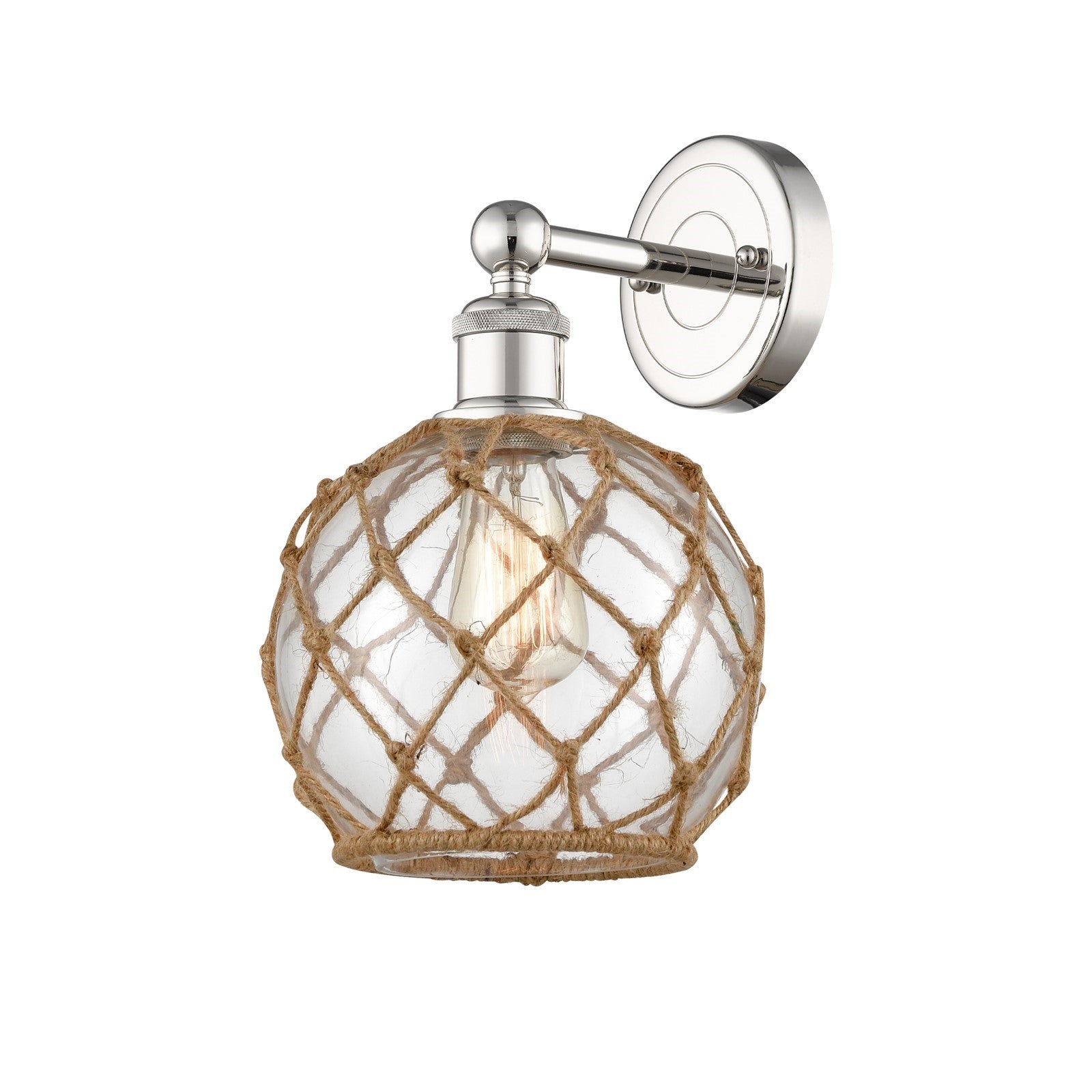 Innovations Farmhouse Rope 8in 1-Light Wall Sconce | Industrial Polished Nickel Steel and Clear Glass with Brown Rope | Model 616-1W-PN-G122-8RB
