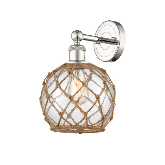 Innovations Farmhouse Rope 8in 1-Light Wall Sconce | Industrial Polished Nickel Steel and Clear Glass with Brown Rope | Model 616-1W-PN-G122-8RB