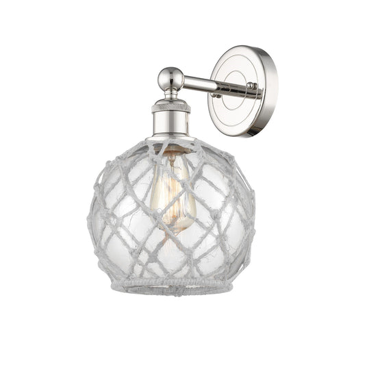 Innovations Farmhouse Rope 8in 1-Light Wall Sconce | Industrial Polished Nickel Steel and Clear Glass with White Rope | Model 616-1W-PN-G122-8RW