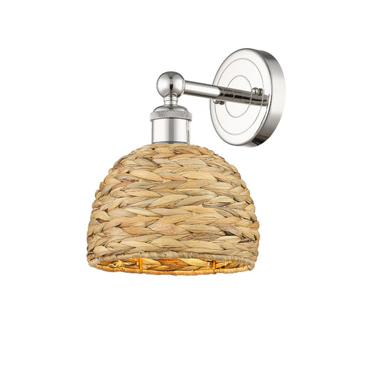 Innovations Woven Rattan 8in 1-Light Wall Sconce | Industrial Polished Nickel Steel and Natural Fiber Dome Shade | Living Room | Model 616-1W-PN-RBD-8-NAT