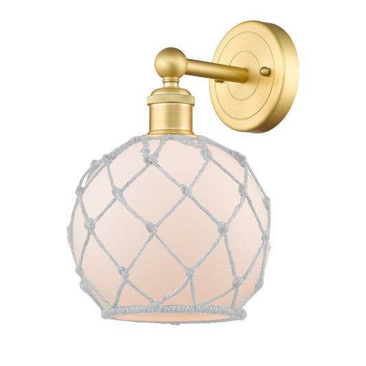 Innovations Farmhouse Rope 8in 1-Light Wall Sconce | Industrial Satin Gold Steel and White Frosted Glass with Rope | Bathroom & | Model 616-1W-SG-G121-8RW