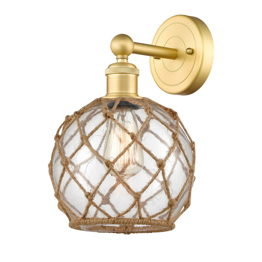 Innovations Farmhouse Rope 8in 1-Light Wall Sconce | Industrial Satin Gold Steel and Clear Glass with Brown Rope | Damp-Rated | Model 616-1W-SG-G122-8RB
